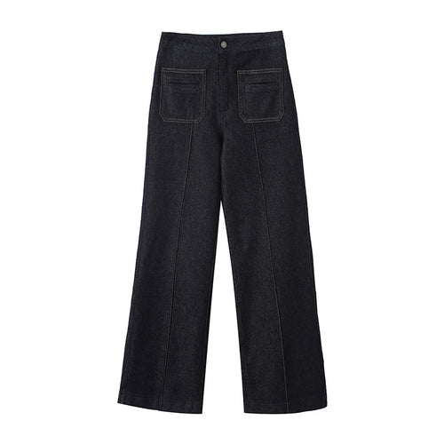 Damen High‑Waist Weite Denimhose mit durchgehender Mittelnaht und aufgesetzten Taschen Shop Nory