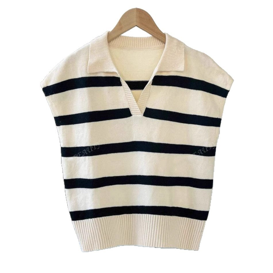 Damen Gestreiftes Kurzarm-Stricktop mit V-Kragen und überschnittener Schulter Shop Nory