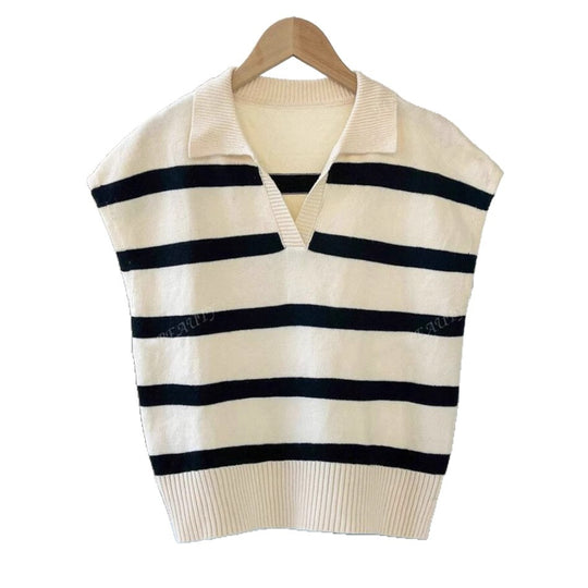 Damen Gestreiftes Kurzarm-Stricktop mit V-Kragen und überschnittener Schulter Shop Nory