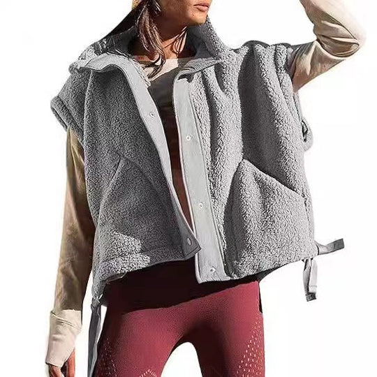 Damen Oversized Teddyweste mit Stehkragen, Druckknopfverschluss und Tunnelzug Shop Nory