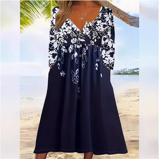 Damen Maxikleid mit V-Ausschnitt, Blumenprint, Knopfleiste und Eingrifftaschen Shop Nory