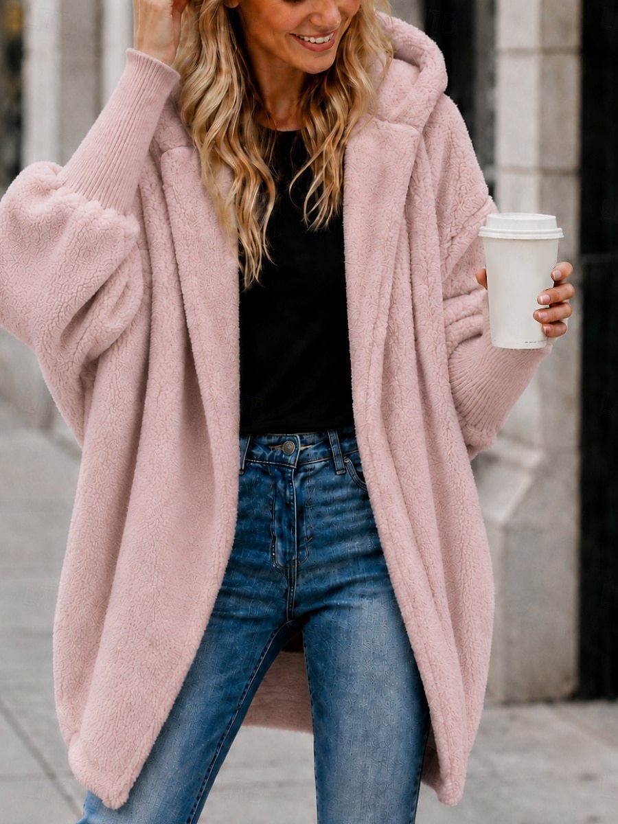Damen Oversized Sherpa-Kapuzenmantel mit offenem Saum und Rippenbündchen Shop Nory