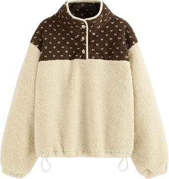 Damen Teddy-Fleece-Pullover mit Stehkragen, Druckknopfverschluss und Kordelzug Shop Nory