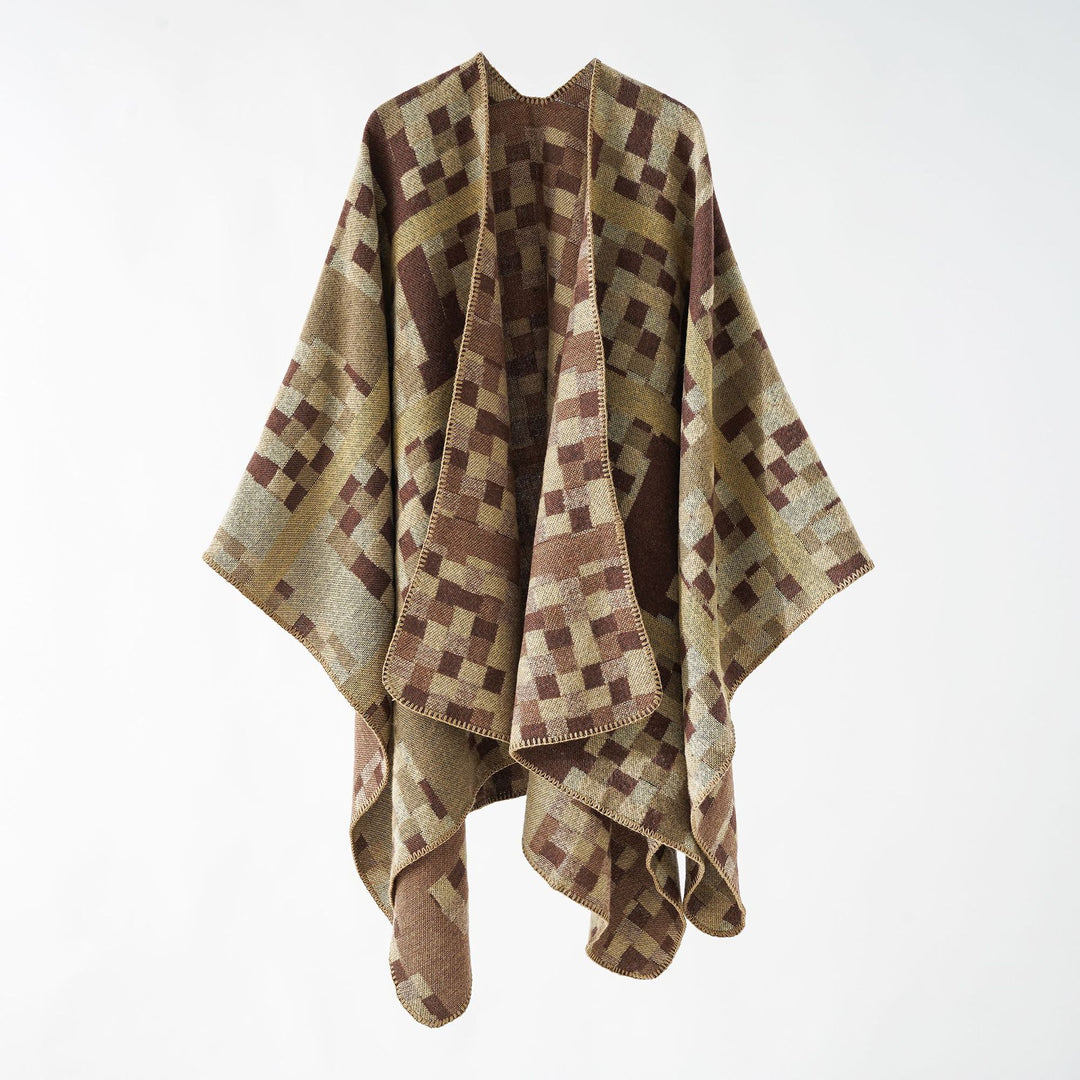 Damen Kastiger Webponcho mit grafischem Jacquard und Kettelkante Shop Nory