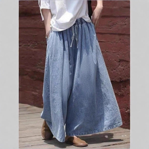 Damen Langer Denim-Maxirock mit Tunnelzugbund, weitem A‑Linien‑Schnitt und Eingrifftaschen Shop Nory