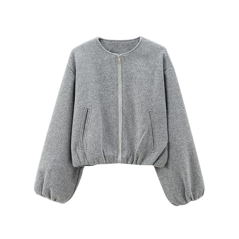 Damen Kurz geschnittene Blouson-Jacke mit Rundhals, Reißverschluss und Ballonärmeln Shop Nory