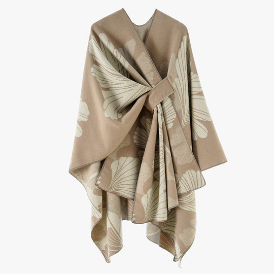 Damen Wickelponcho aus Jacquard mit floralem Muster und Taillengürtel Shop Nory