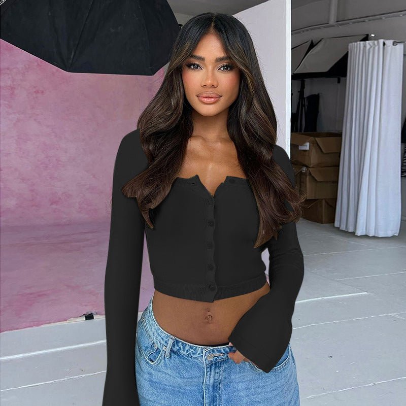 Damen Kurzschnitt-Cardigan aus feinem Rippstrick mit quadratischem Ausschnitt und Knopfleiste Shop Nory