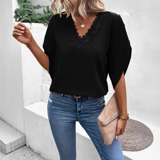 Damen Elegante V-Ausschnitt Bluse mit floraler Spitzenkante und Fledermausärmeln Shop Nory