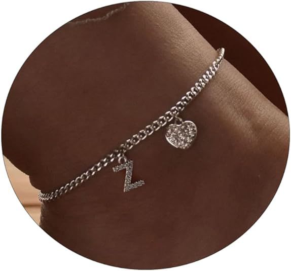 Damen Fußkettchen mit personalisiertem Buchstaben und funkelndem Herzanhänger Shop Nory