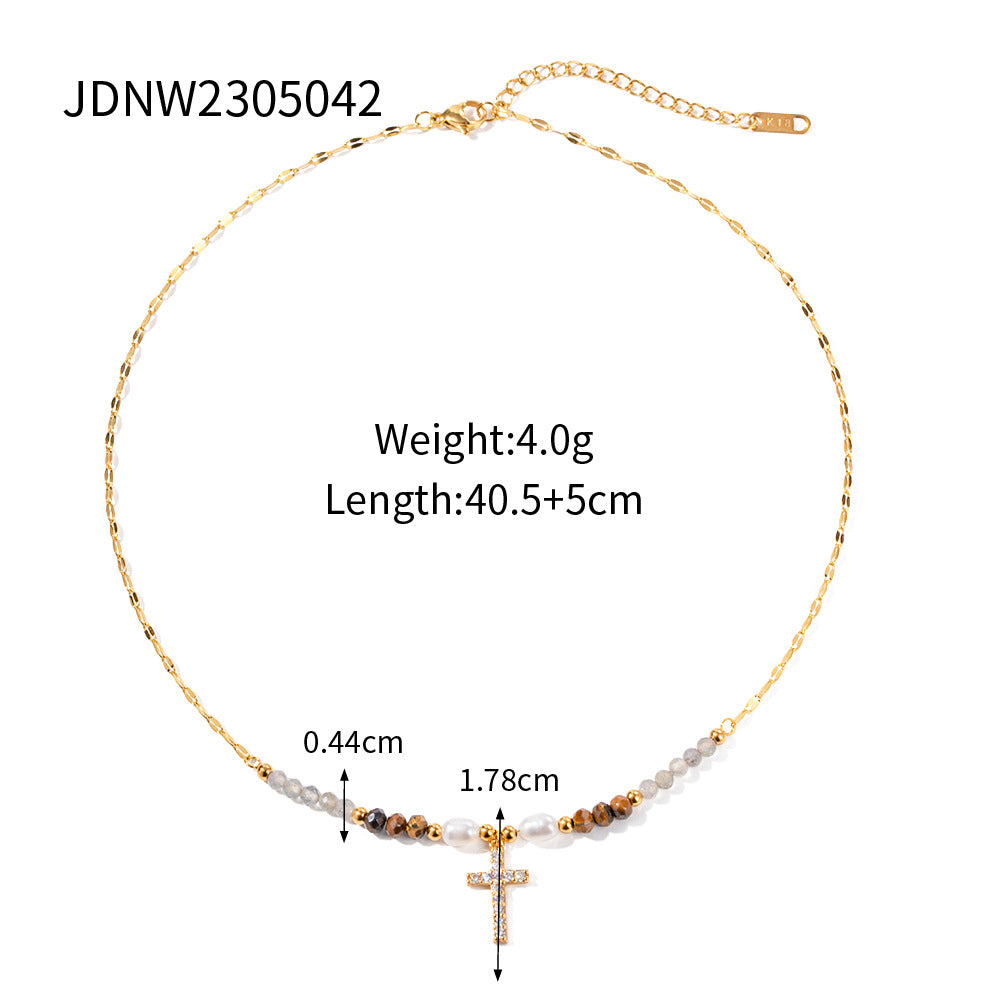 Damen Halskette mit funkelndem Kreuz und eleganten Perlenakzenten Shop Nory