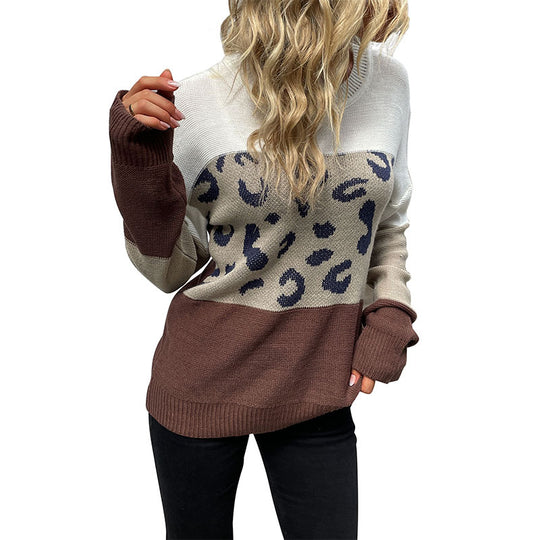 Damen Langarm-Feinstrickpullover mit dezentem Leoprint und Blockstreifen Shop Nory