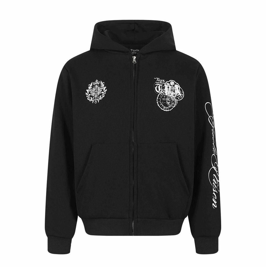 Unisex Kapuzen‑Sweatjacke mit durchgehendem Reißverschluss, Kängurutasche und ornamentalen Siegel‑Prints Shop Nory