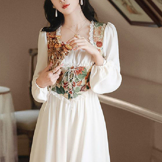 Damen Elegantes Festkleid mit floralem Oberteil und langen Ärmeln