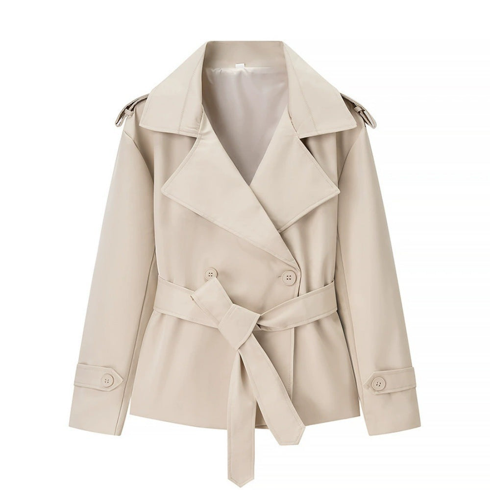 Damen Cropped-Trenchjacke mit doppelter Knopfleiste, Taillengürtel und Schulterriegeln Shop Nory