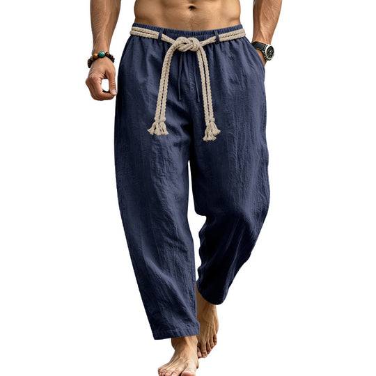 Herren lässige Leinen-Loungehose mit elastischem Bund, dekorativem Seilgürtel und Seitentaschen Shop Nory