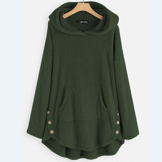 Damen nan kuscheliger Teddy-Kapuzenpullover mit Kängurutasche, Knopfleiste an den Seiten und abgerundetem Saum Shop Nory