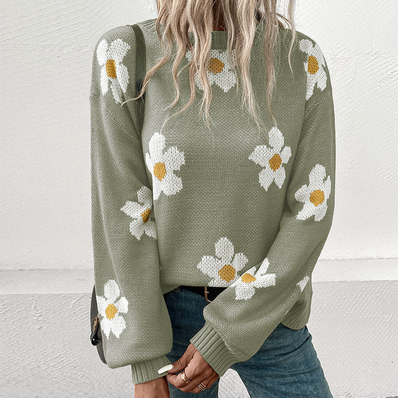 Damen Gemusterter Strickpullover mit Blumenmotiv Shop Nory