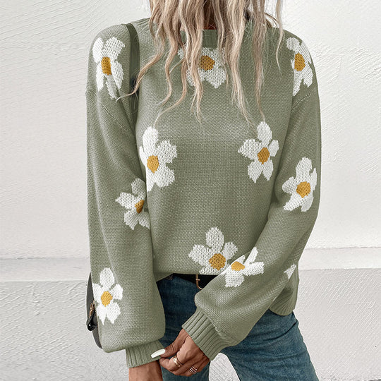Damen Gemusterter Strickpullover mit Blumenmotiv Shop Nory