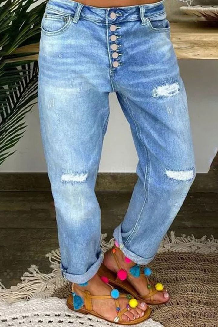 Damen Boyfriend-Jeans mit Knopfleiste und Distressed-Details
