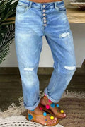 Damen Boyfriend-Jeans mit Knopfleiste und Distressed-Details