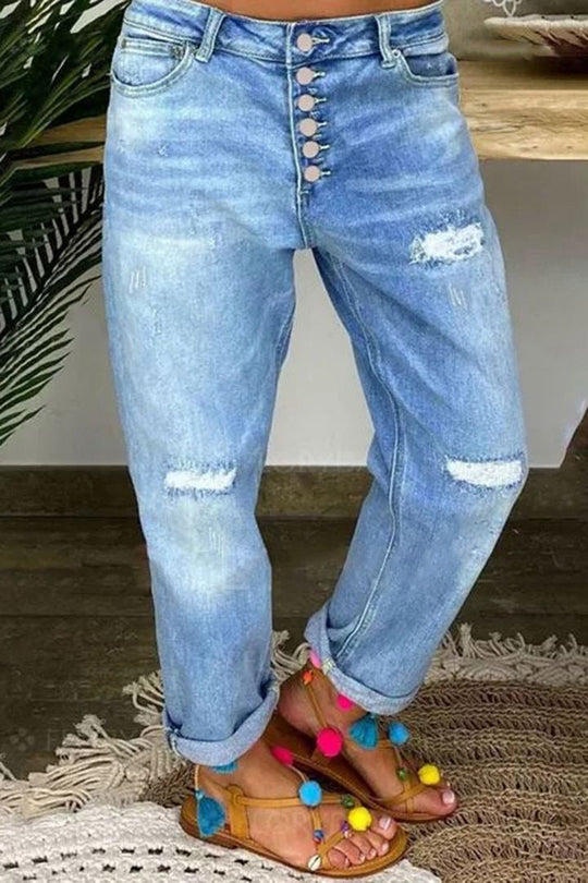 Damen Boyfriend-Jeans mit Knopfleiste und Distressed-Details