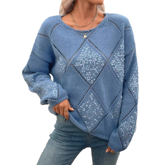 Damen Grobgestrickter Oversize-Pullover mit Ajour‑Rautenmuster und Pailletten Shop Nory