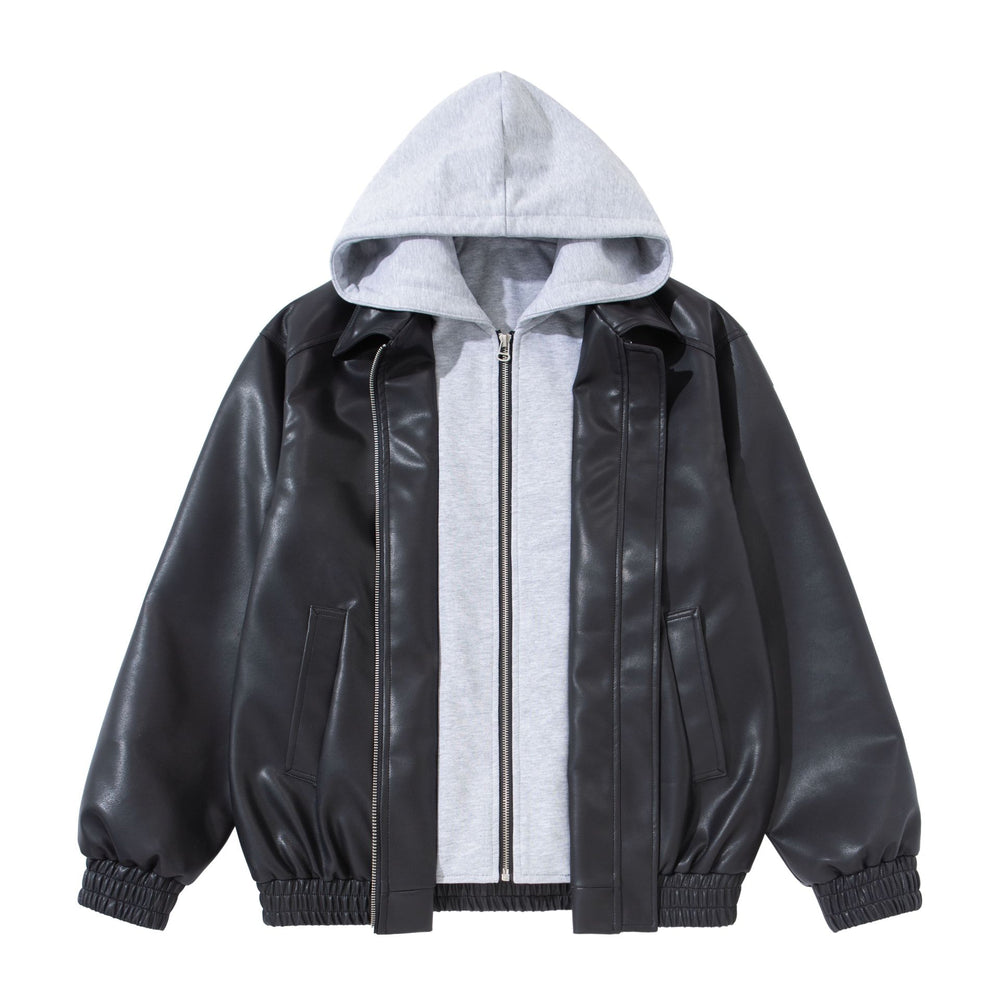 Herren Boxy-Lederblouson mit angenähter Jersey-Kapuze und geripptem Saum Shop Nory