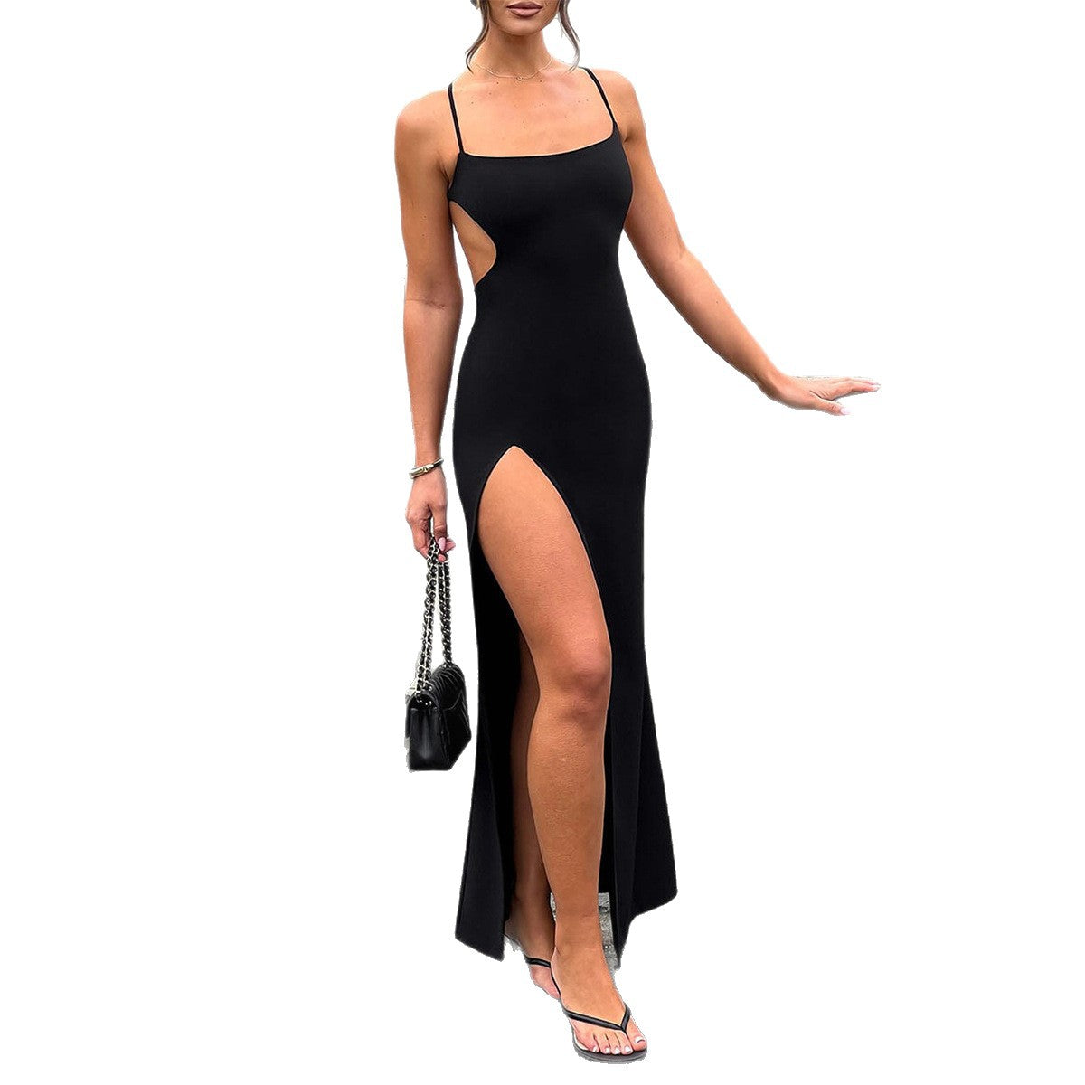 Damen Elegantes Abendmaxikleid mit seidigem Finish und seitlichem Schlitz Shopnory
