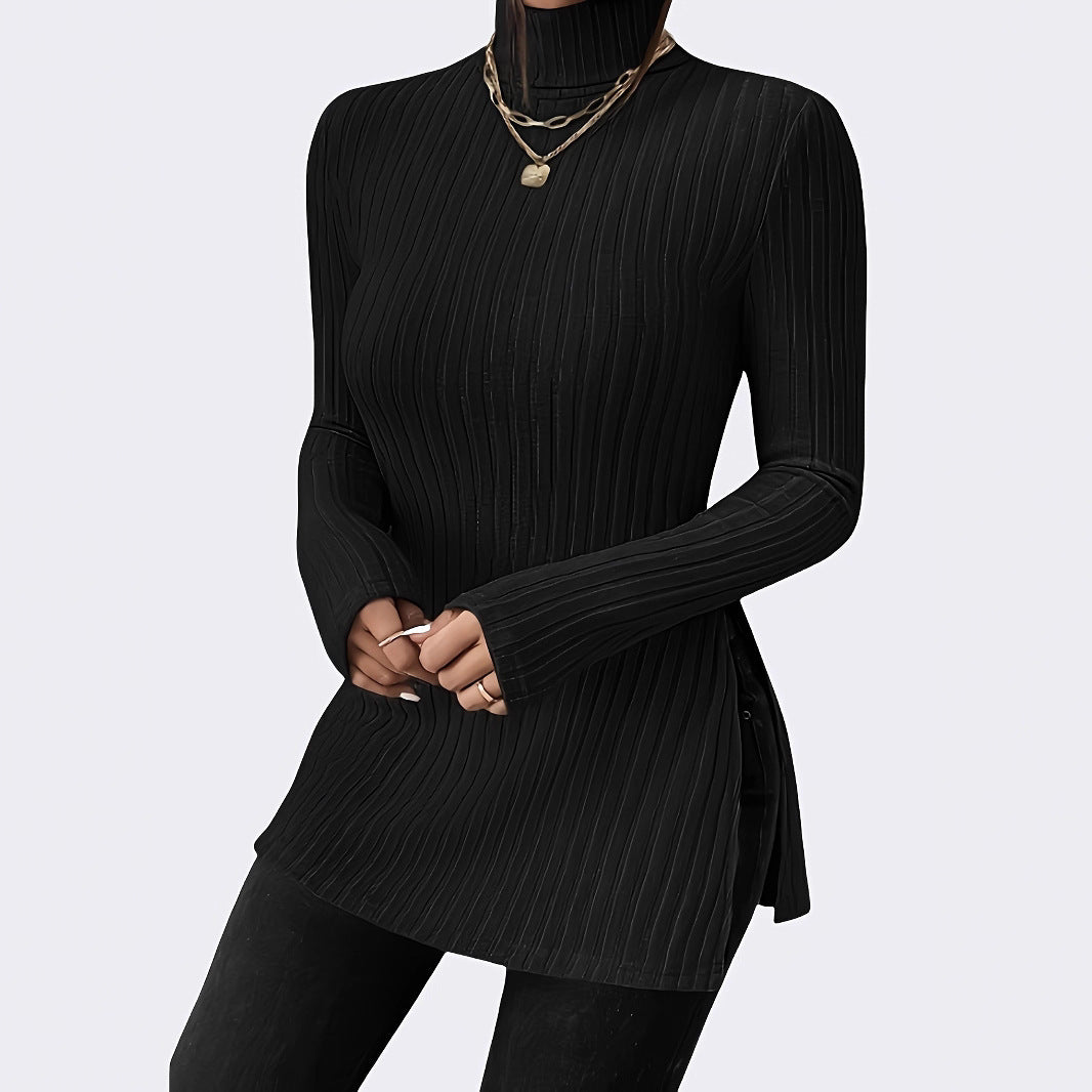 Damen Gerippte Longline-Tunika mit Stehkragen, ausgestellten Ärmeln und Seitenschlitzen Shop Nory