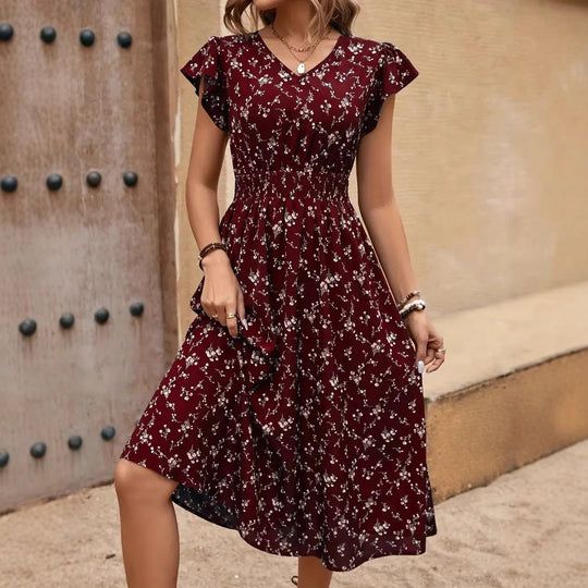 Damen Midikleid mit elastischem Tailleneinsatz und Rüschenärmeln