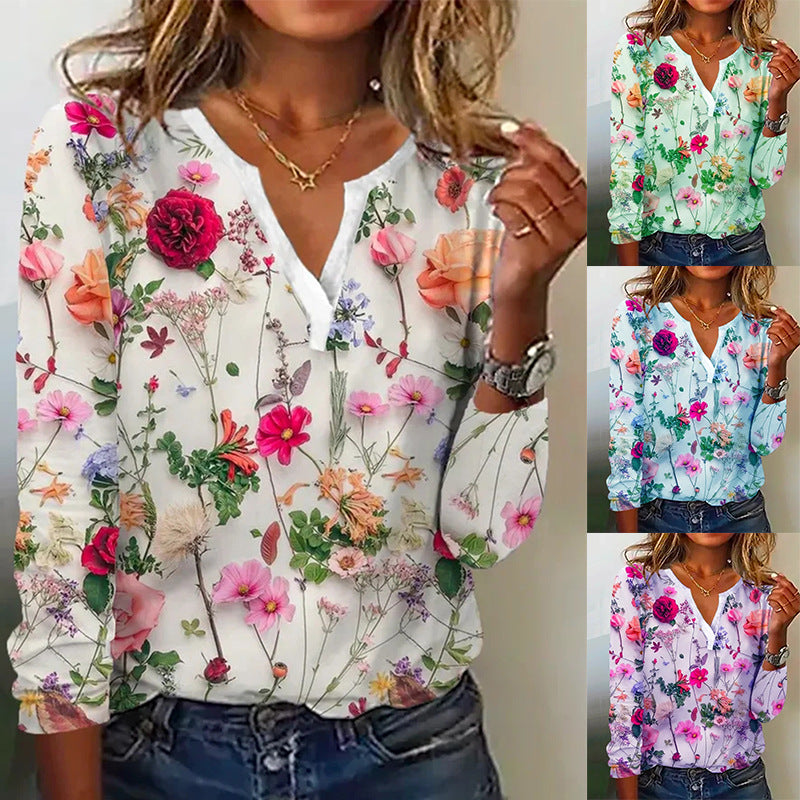 Damen Floral Lange Bluse im Chiffon-Look mit V-Schlitz und Lässiger Silhouette Shop Nory