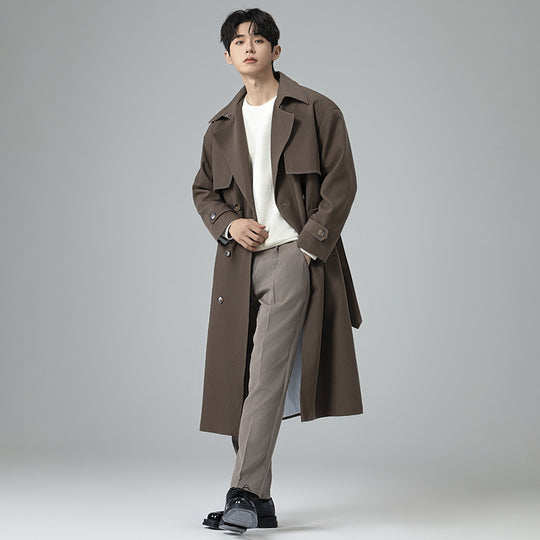 Herren Trenchcoat im minimalistischen Doppelreiher mit breitem Schalkragen und Taillengürtel Shop Nory