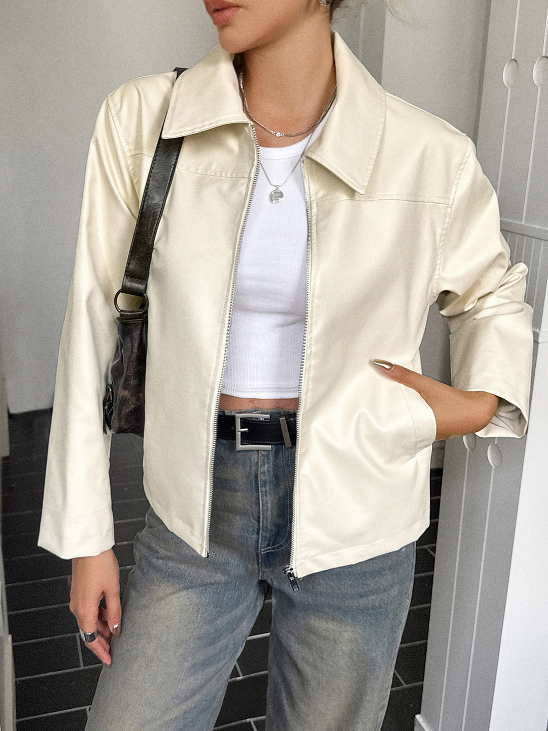Damen nan elegante Kunstlederjacke mit Reißverschluss, Hemdkragen und Eingrifftaschen Shop Nory