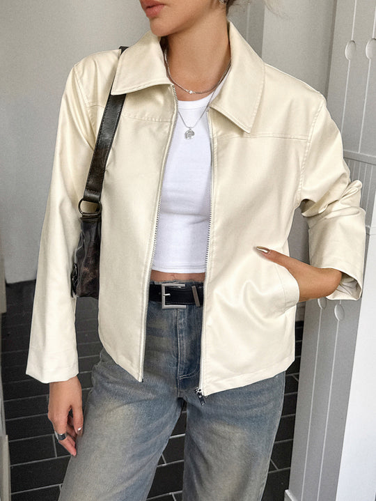Damen nan elegante Kunstlederjacke mit Reißverschluss, Hemdkragen und Eingrifftaschen Shop Nory