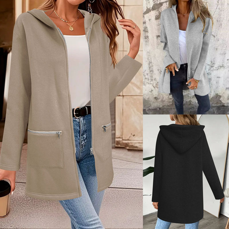 Damen Longline Übergangsjacke mit durchgehendem Reißverschluss und Zipper‑Taschen Shop Nory