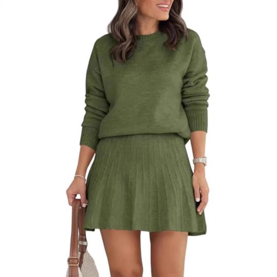 Damen Zweiteiliges Strick-Set mit Rundhals-Pullover und Plissée-Minirock Shop Nory
