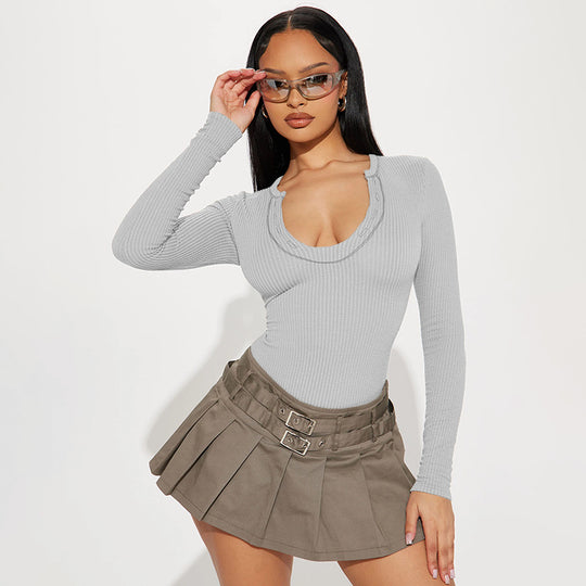 Damen Figurbetonter Rippshirt-Body mit langen Ärmeln und hohem Beinschnitt Shop Nory