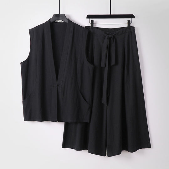 Damen Ärmelloses Kimono-Loungewear-Set aus leichtem Viskose-Leinen mit Bindeweste und weiten Palazzo-Hose Shop Nory