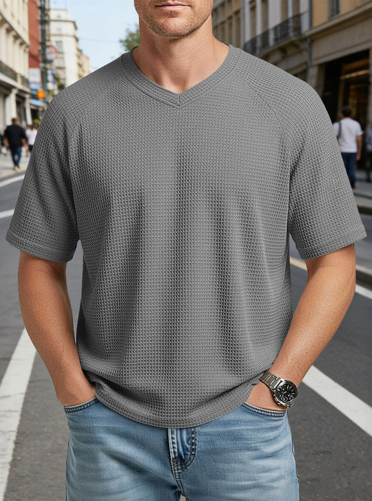 Herren nan lässiges V-Ausschnitt Waffelstrick-T-Shirt aus atmungsaktivem Baumwollmix