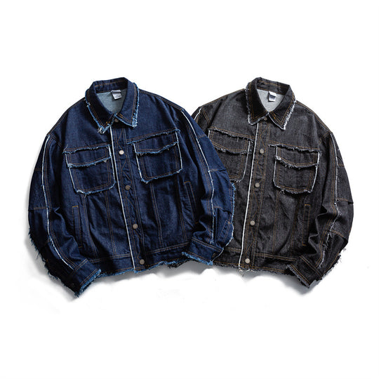 Herren Oversize Jeansjacke mit ausgefransten Kanten und großen Pattenstaschen Shop Nory