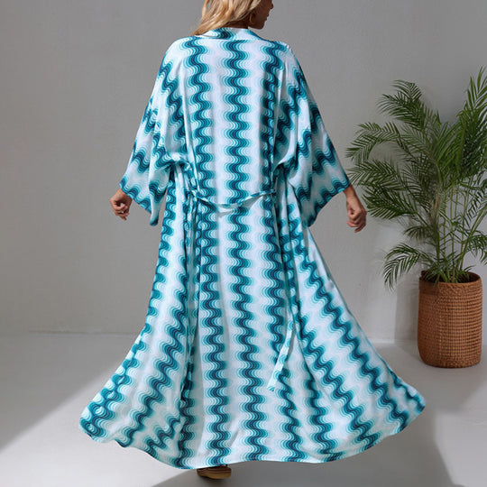 Damen Langer Strandkaftan mit V-Ausschnitt, Taillen-Bindegürtel & hohem Beinschlitz Shop Nory