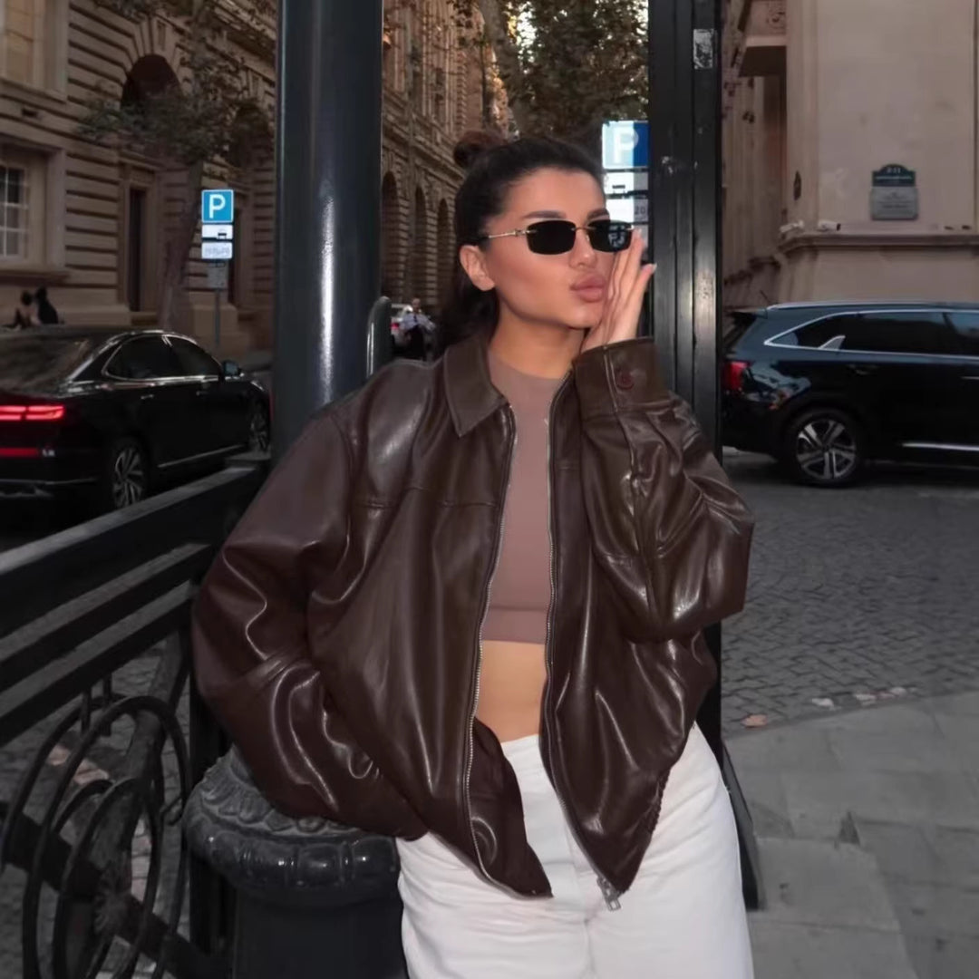 Damen nan oversized Lederjacke im Bomberstil mit Hemdkragen, durchgehendem Reißverschluss und lässiger Silhouette Shop Nory