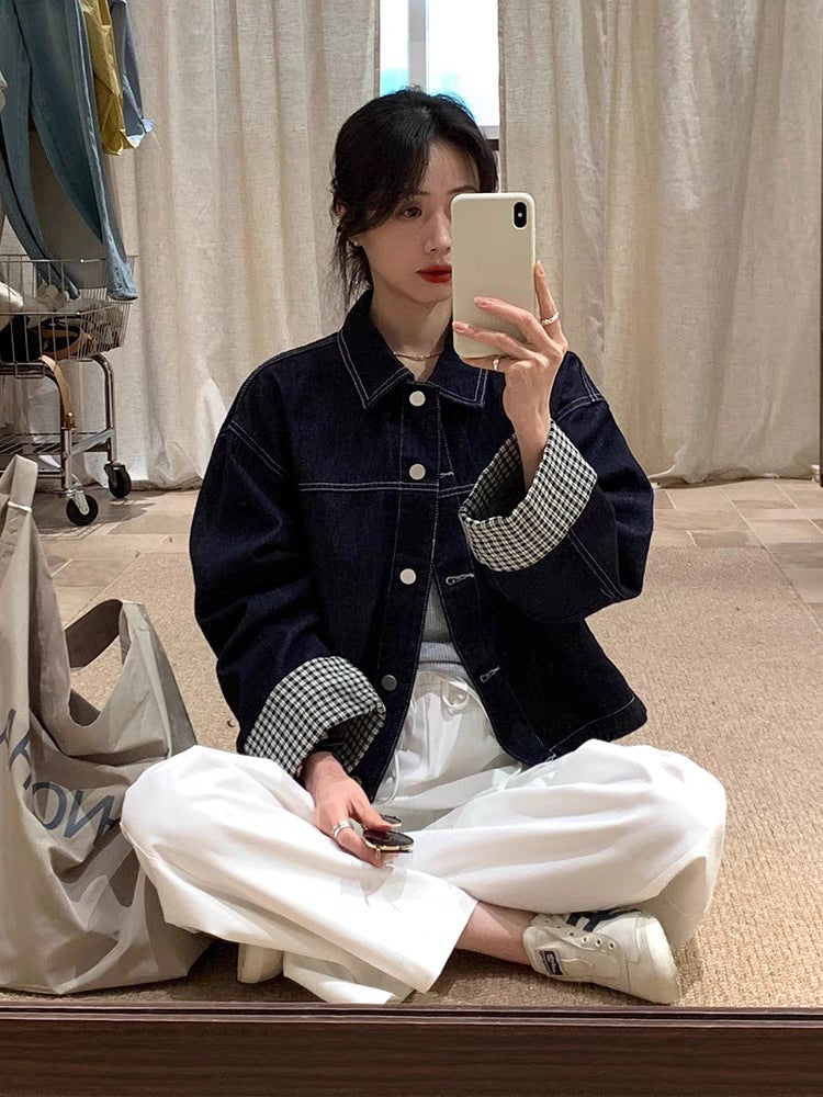 Damen Oversized Jeansjacke mit kontrastiertem Karo-Futter und Umschlagmanschetten Shop Nory