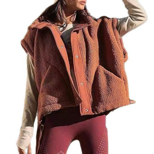 Damen Übergroße Teddyfleece-Weste mit Kapuze und Druckknöpfen Shop Nory
