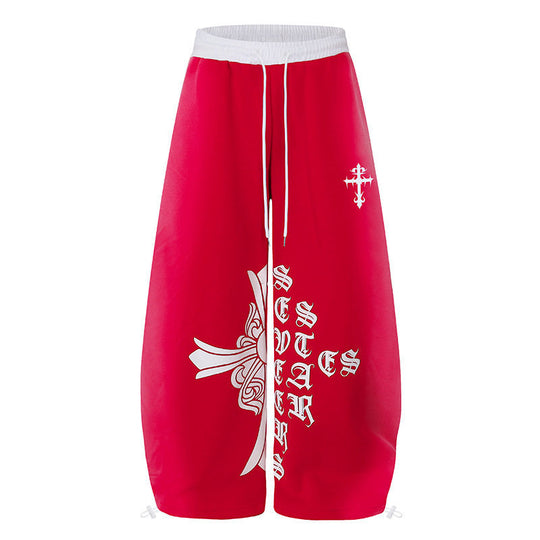 Damen Extraweite Culotte-Sweathose im Palazzo‑Stil mit hohem Komfortbund, Tunnelzug und gotischem Kreuz-Print Shop Nory