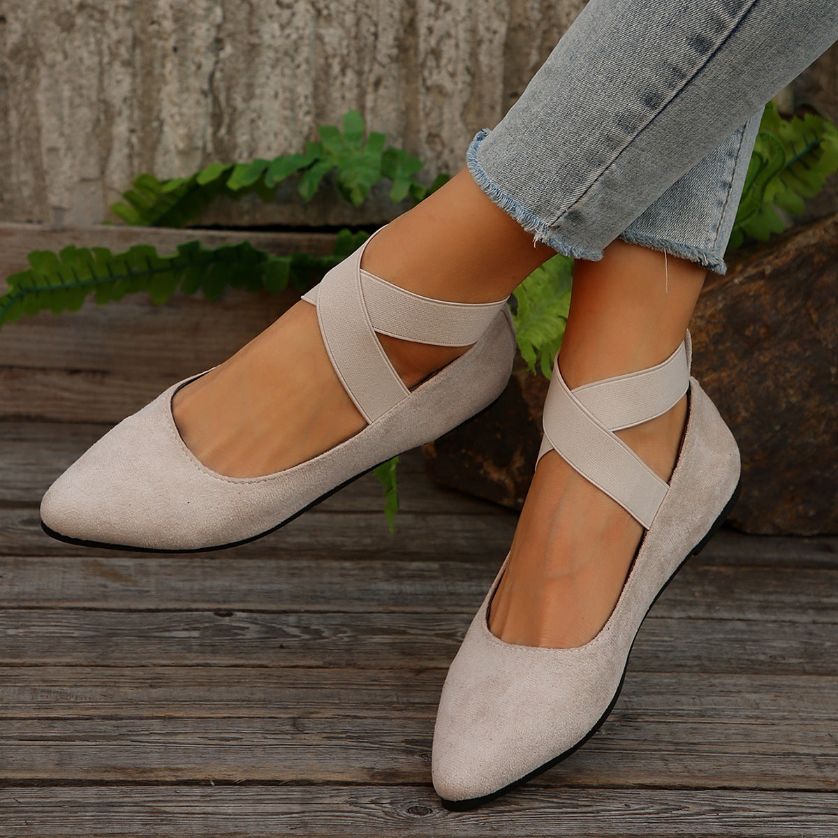 Damen Ballerina-Schuhe mit elastischen Kreuzbändern und rutschfester Sohle