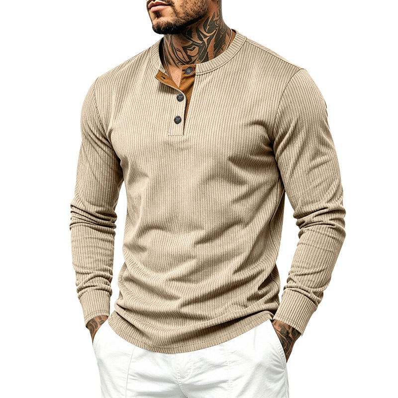 Herren Geripptes Henley-Langarmshirt aus Feinstrick mit Stehkragen und Knopfleiste Shop Nory
