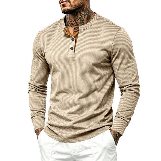 Herren Geripptes Henley-Langarmshirt aus Feinstrick mit Stehkragen und Knopfleiste Shop Nory
