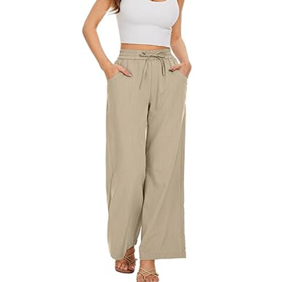 Damen Weite Leinenhose mit hohem elastischem Bund, Kordelzug und Eingrifftaschen Shop Nory